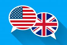 American and British flags in voice over speech bubbles overlap for Transatlantic Accent 