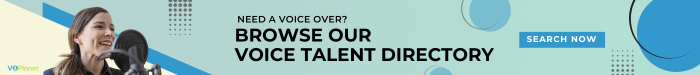 Banner with female voice actor with text: Need a voice over? Browse our voice talent directory.