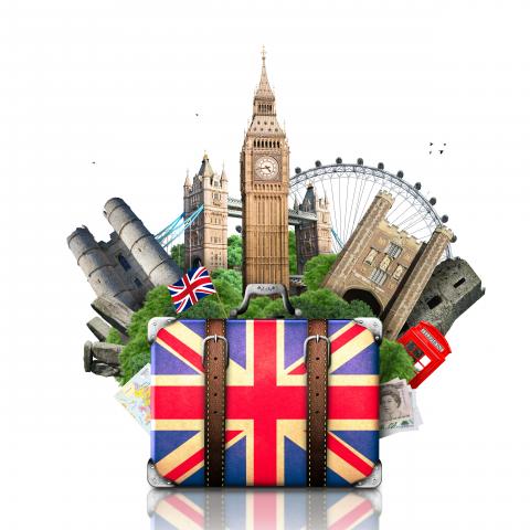 British suitcase filled with classic British icons