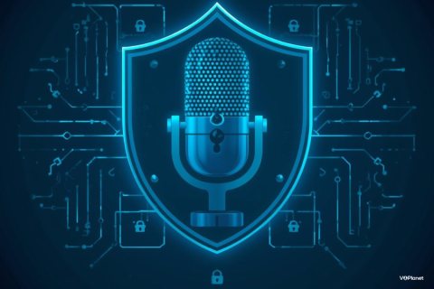 A blue microphone on a blue shield surrounded by tech lines and small locks