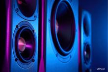 A close up of professional audio speakers