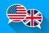 American and British flags in voice over speech bubbles overlap for Transatlantic Accent 